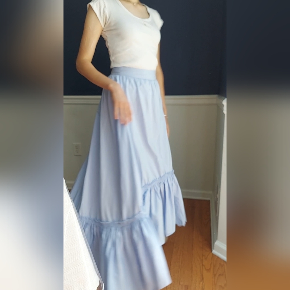 Pastel blue maxi high low ruffle skirt
